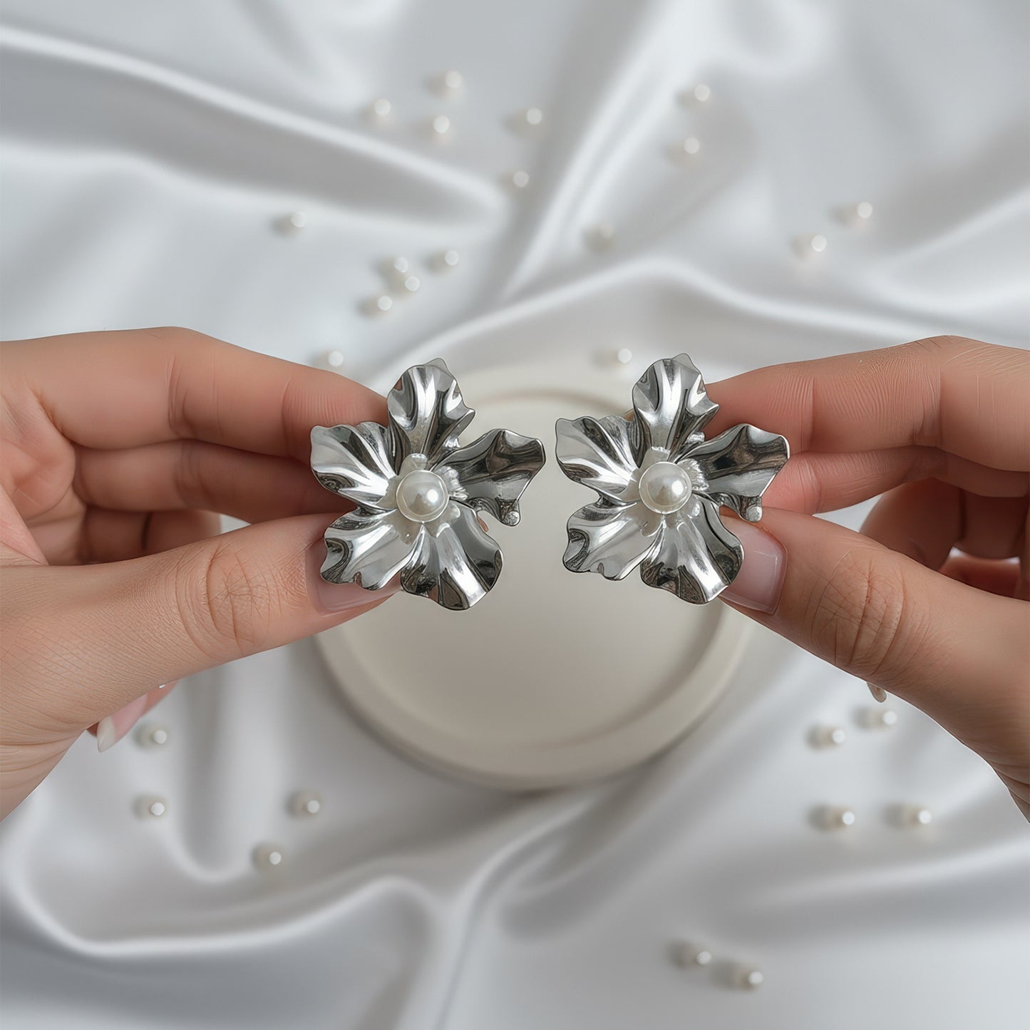 Silver Blossom Pearl Studs