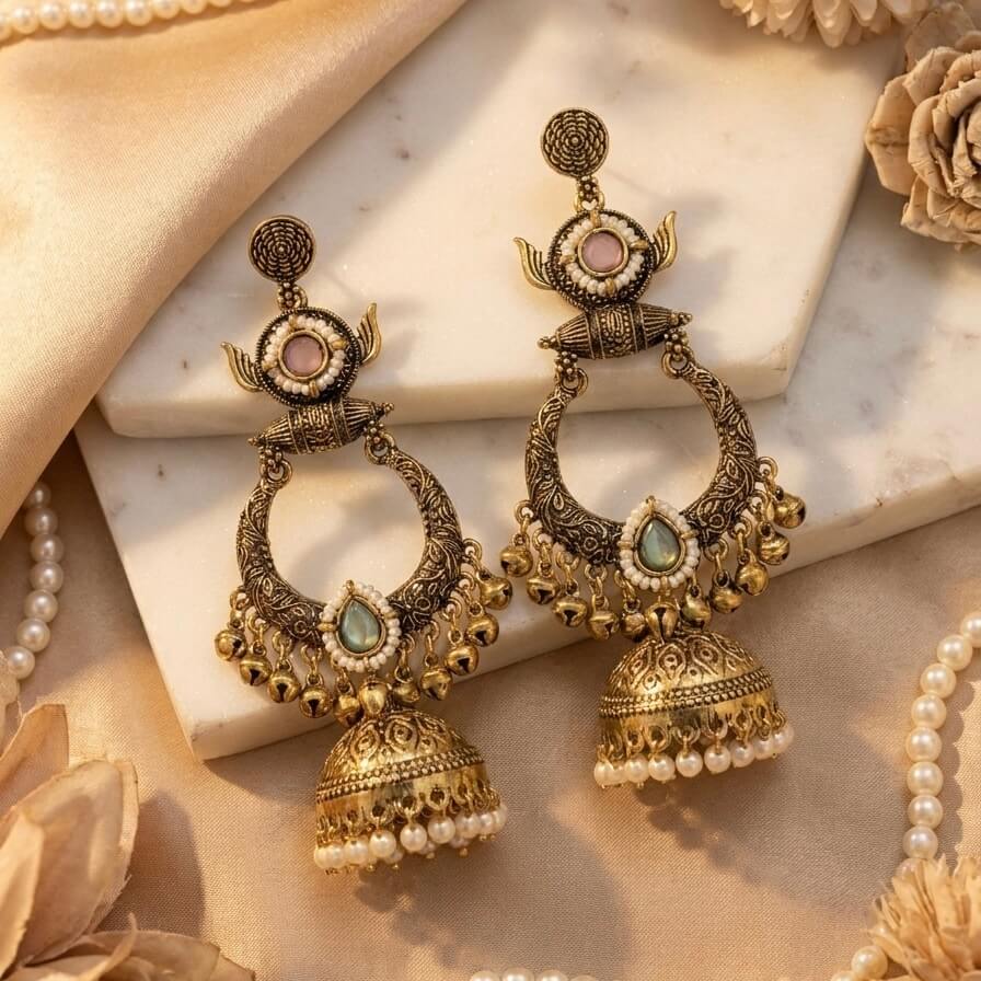 Rajasi Jhumkas (Pink & Green)