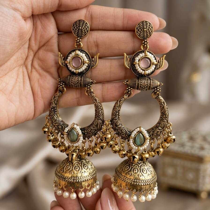 Rajasi Jhumkas (Pink & Green)