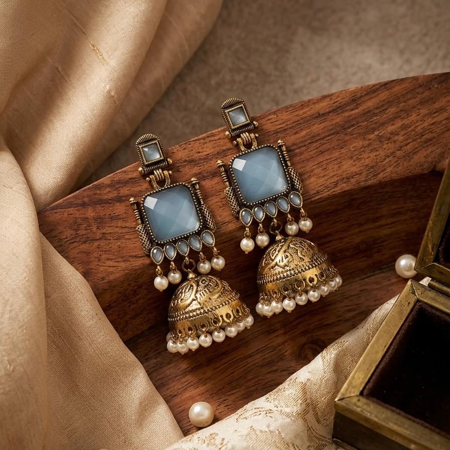 Pearl Bells Jhumka (Pastel Blue)