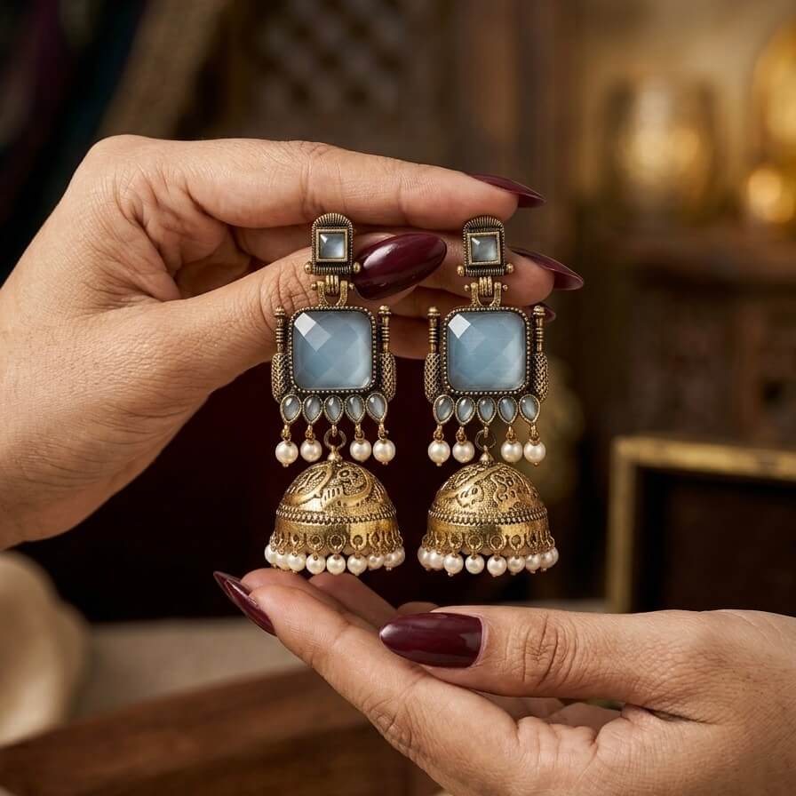 Pearl Bells Jhumka (Pastel Blue)