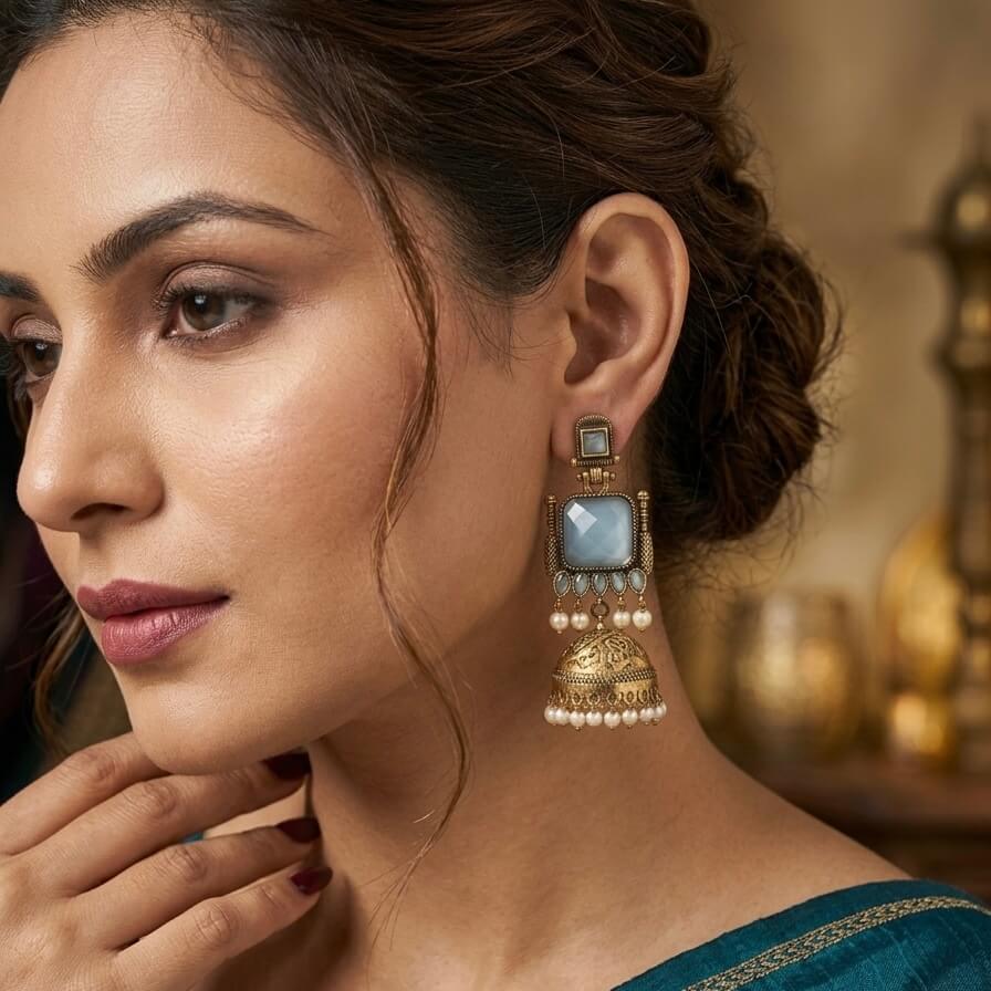 Pearl Bells Jhumka (Pastel Blue)