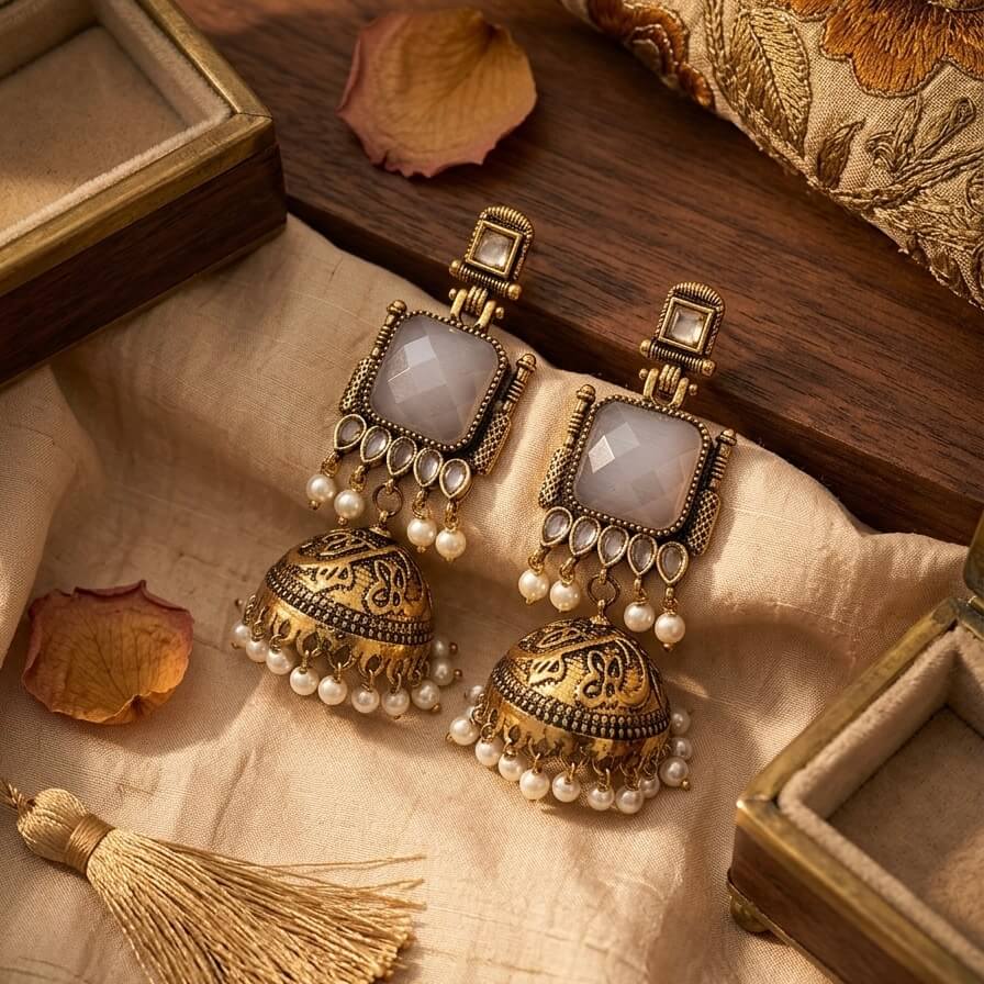 Pearl Bells Jhumka (Pastel Grey)