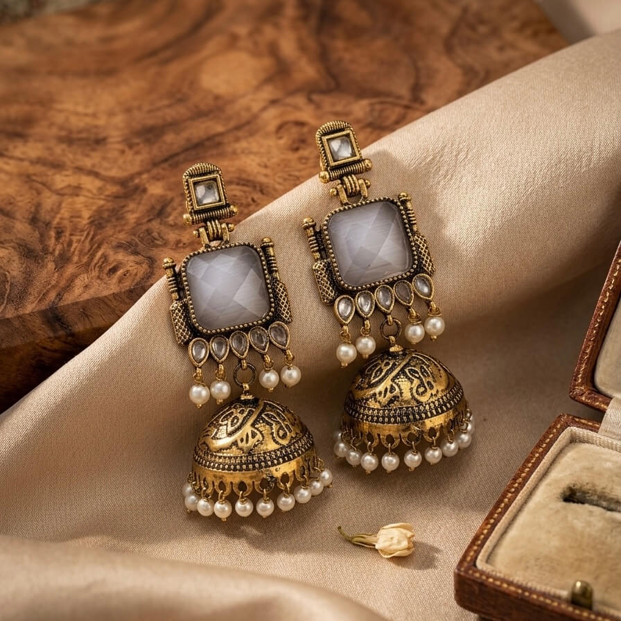 Pearl Bells Jhumka (Pastel Grey)