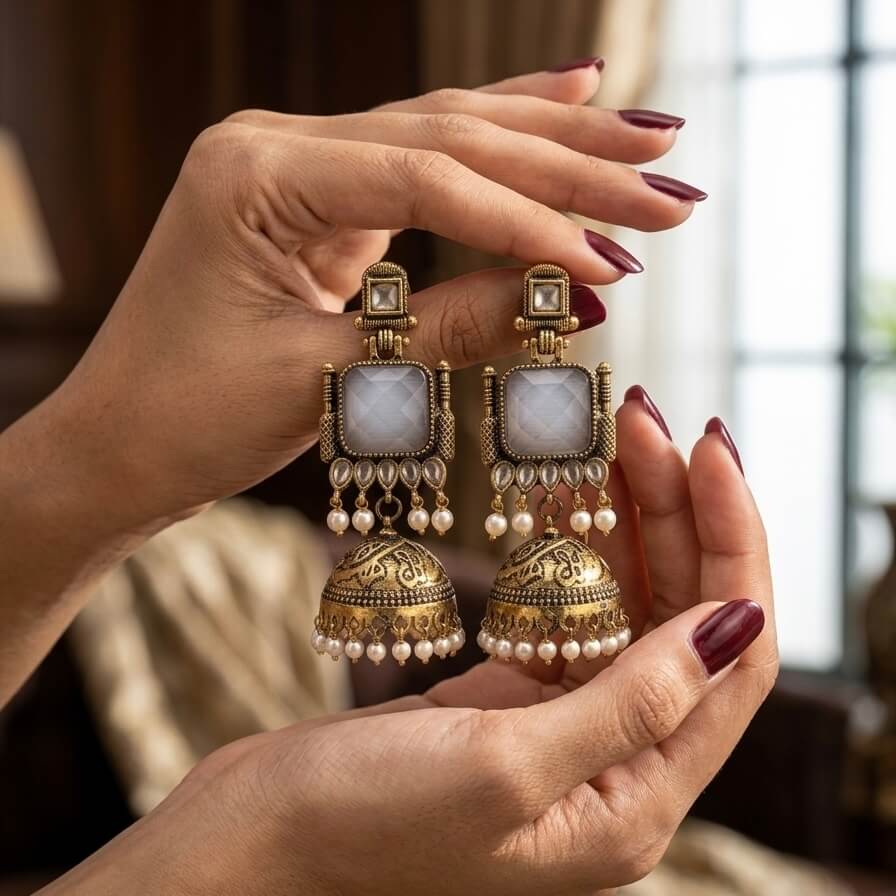 Pearl Bells Jhumka (Pastel Grey)