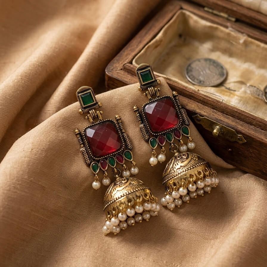 Pearl Bells Jhumka (Red & Green)