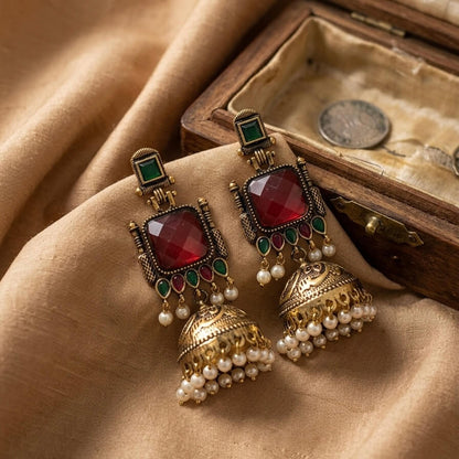 Pearl Bells Jhumka (Red & Green)