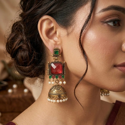 Pearl Bells Jhumka (Red & Green)