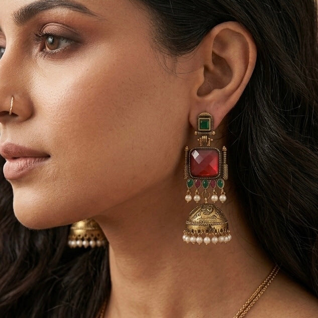 Pearl Bells Jhumka (Red & Green)