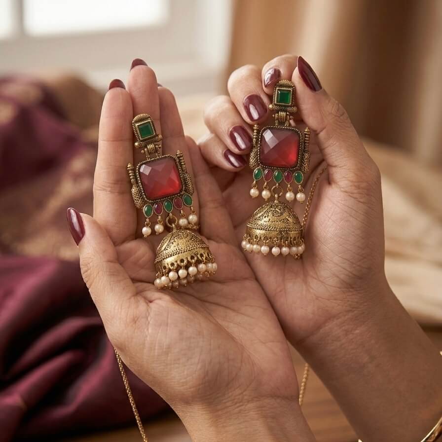 Pearl Bells Jhumka (Red & Green)