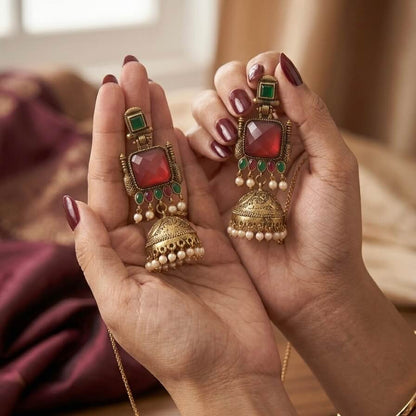 Pearl Bells Jhumka (Red & Green)