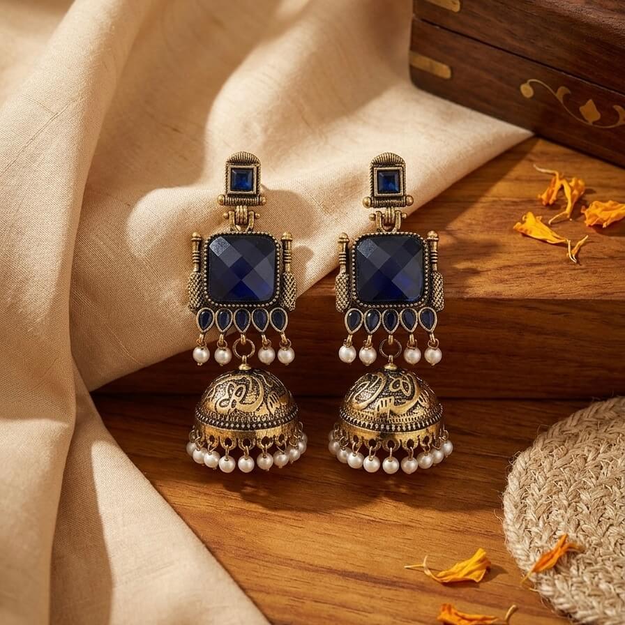 Pearl Bells Jhumka (Navy Blue)
