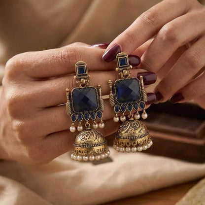 Pearl Bells Jhumka (Navy Blue)