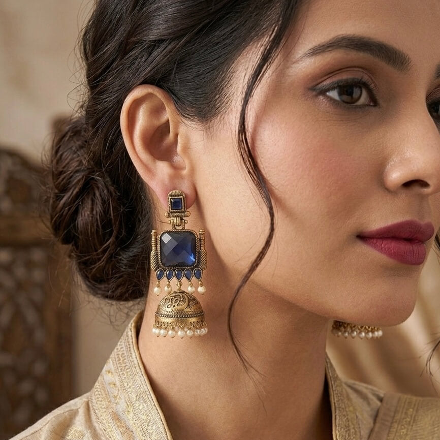 Pearl Bells Jhumka (Navy Blue)