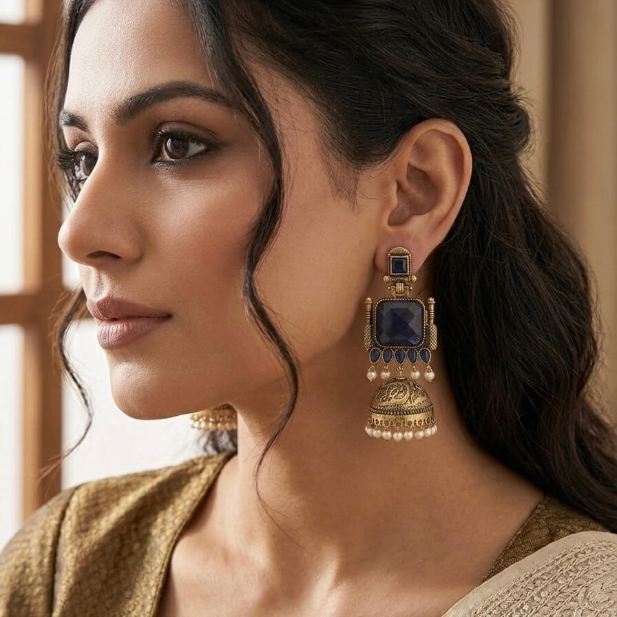 Pearl Bells Jhumka (Navy Blue)