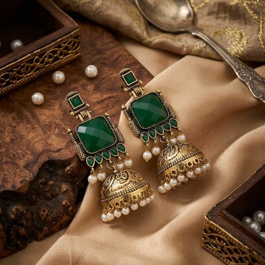 Pearl Bells Jhumka (Dark Green)