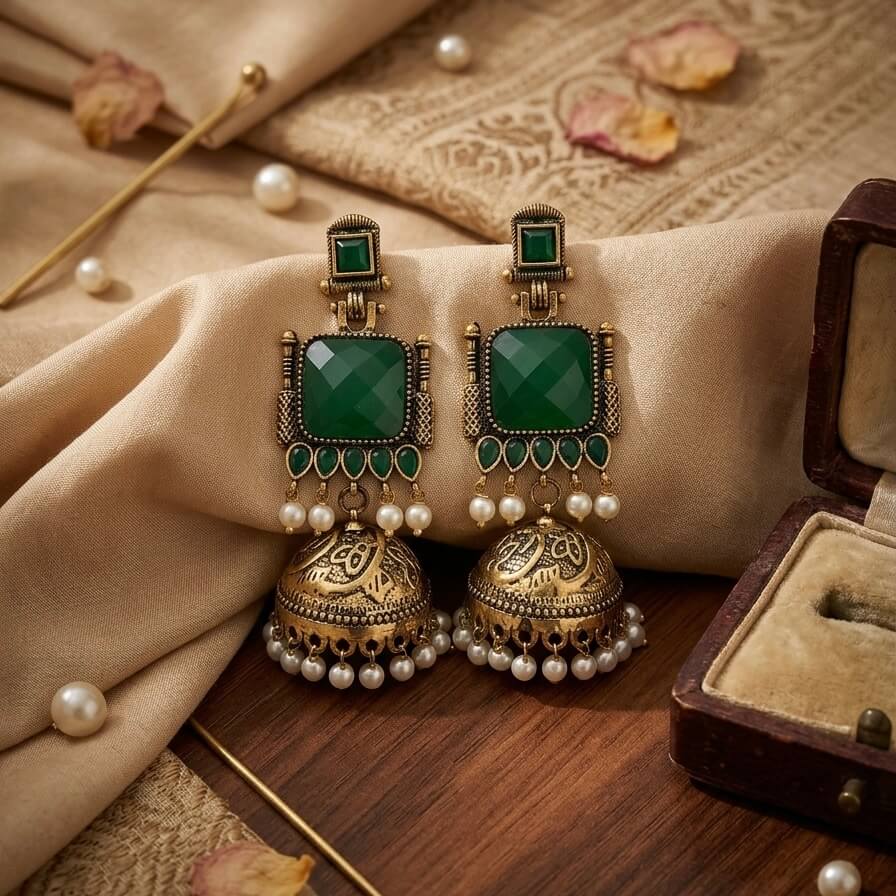 Pearl Bells Jhumka (Dark Green)