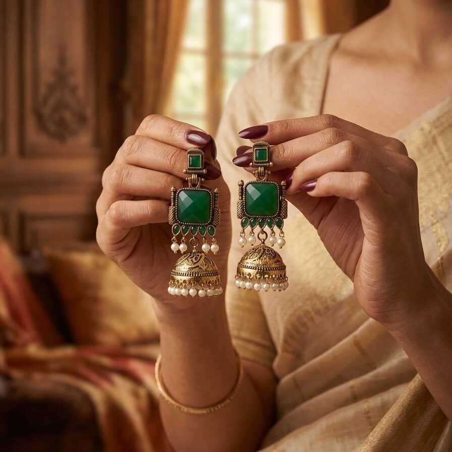 Pearl Bells Jhumka (Dark Green)