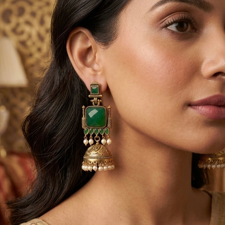 Pearl Bells Jhumka (Dark Green)