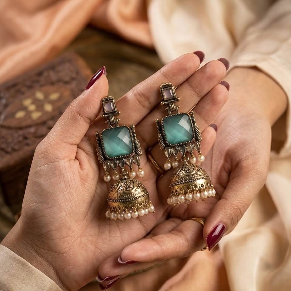Pearl Bells Jhumka (Pastel Pink & Green)