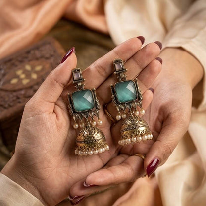 Pearl Bells Jhumka (Pastel Pink & Green)