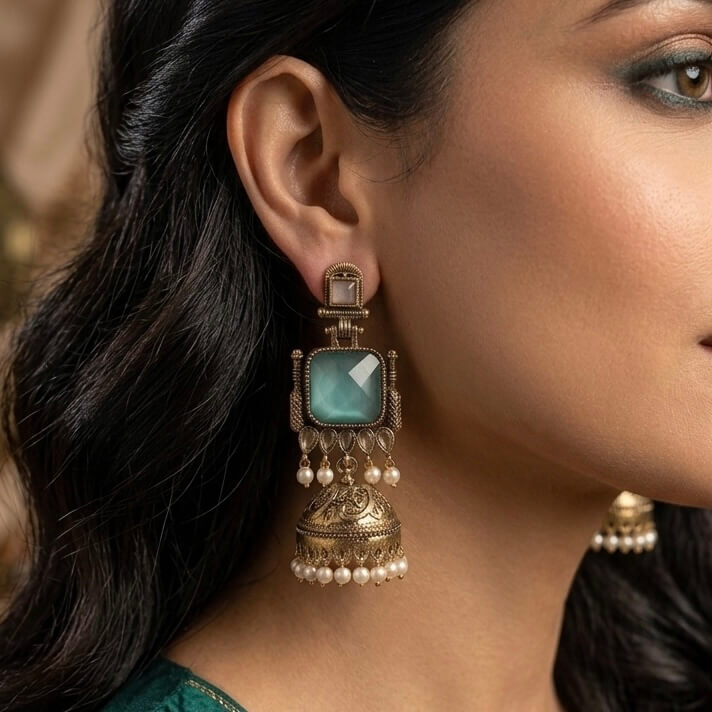 Pearl Bells Jhumka (Pastel Pink & Green)