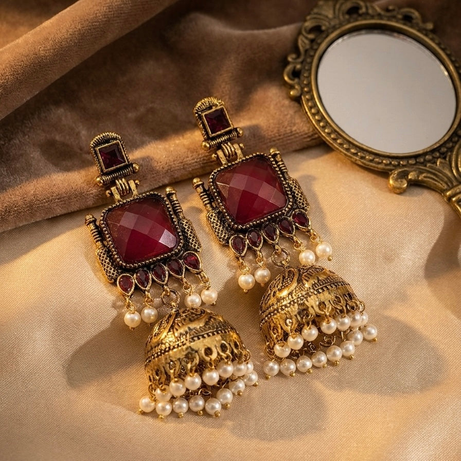 Pearl Bells Jhumka (Deep Pink)