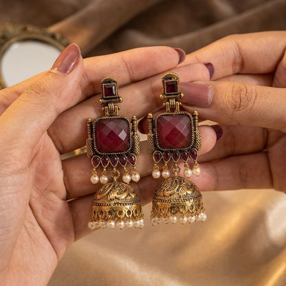 Pearl Bells Jhumka (Deep Pink)