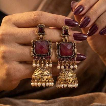 Pearl Bells Jhumka (Deep Pink)