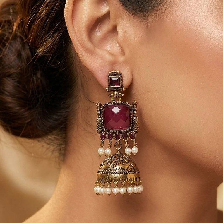 Pearl Bells Jhumka (Deep Pink)