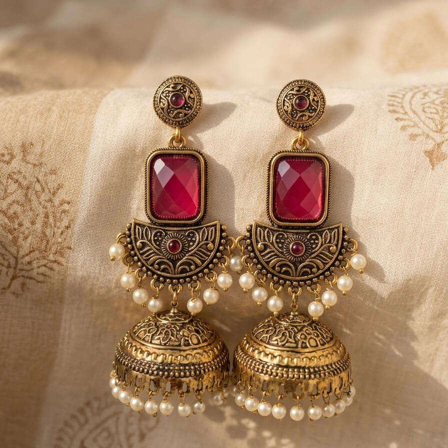 Noor Jhumkas (Deep Pink)