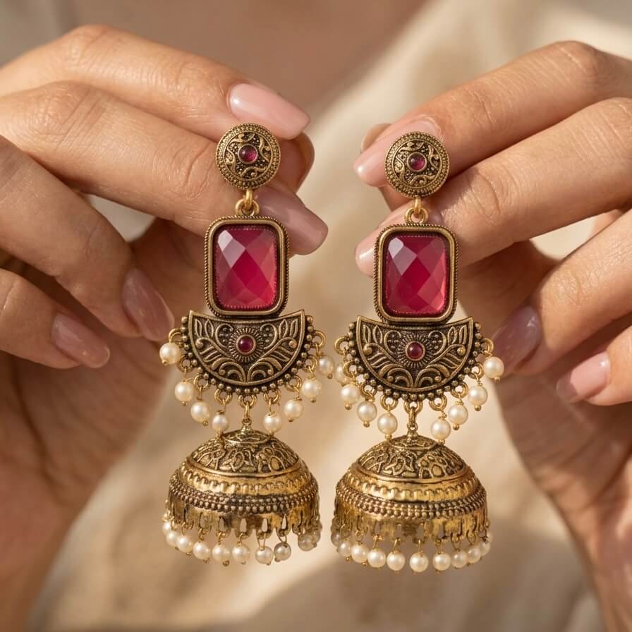 Noor Jhumkas (Deep Pink)