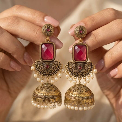 Noor Jhumkas (Deep Pink)