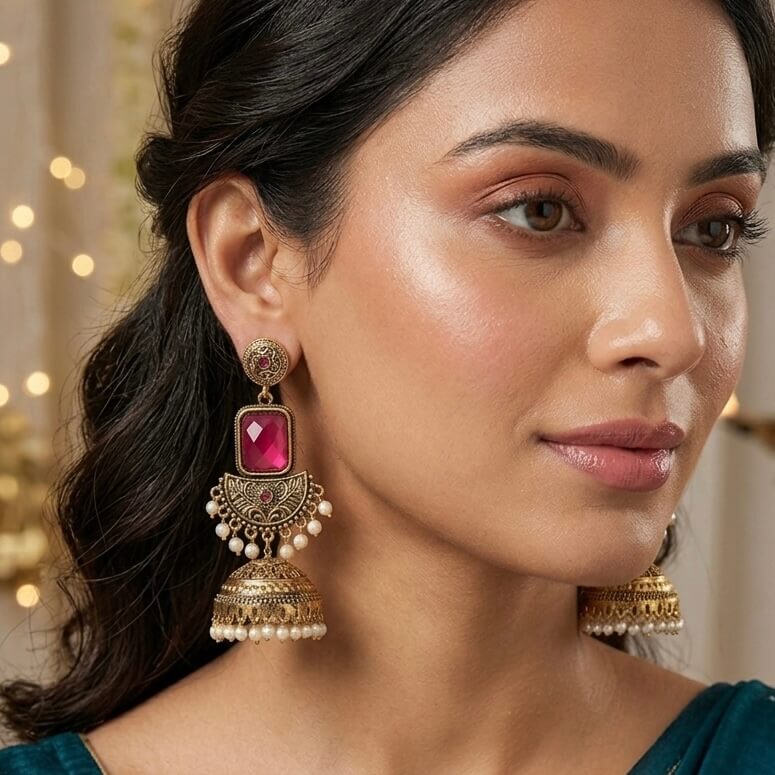 Noor Jhumkas (Deep Pink)