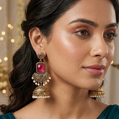 Noor Jhumkas (Deep Pink)